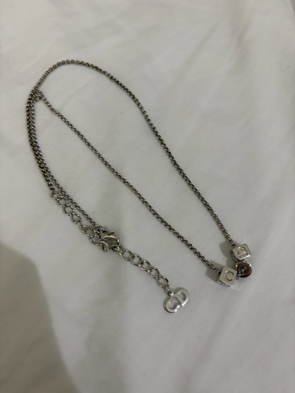 Dior Silver-Tone Necklace with Cube Letter Charms and Red Accent